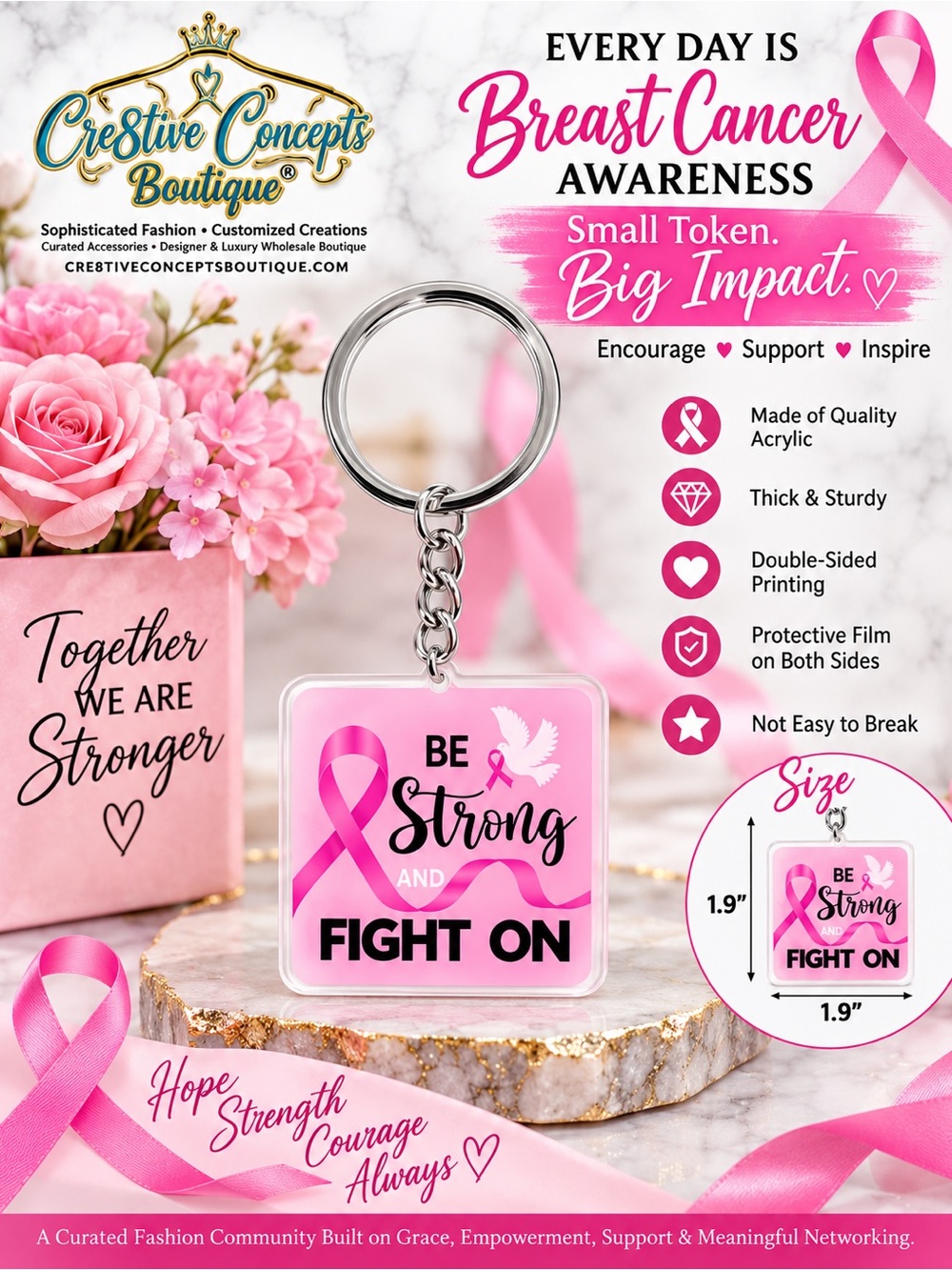 6-Pack Breast Cancer Awareness Pink Ribbon Inspirational Keychains Gifts